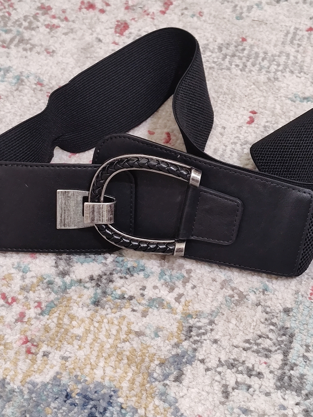 Black Elastic Waist Belt with Silver Braided Buckle